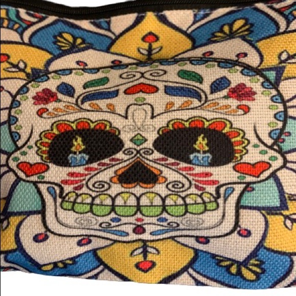 Cute Blue and Yellow Sugar Skull Cosmetic Bag / Pouch - Picture 6 of 7